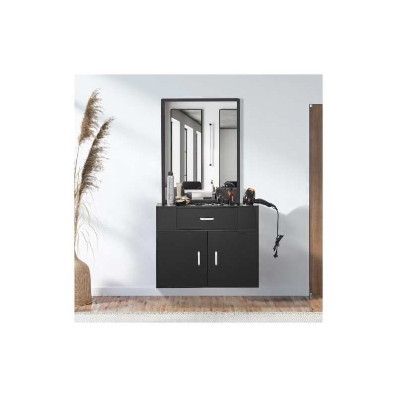 Seinään asennettava mattamusta kampaamokaappi peilillä yhdellä laatikolla kaksiosaisella kaapilla lämpöä kestävillä holkeilla