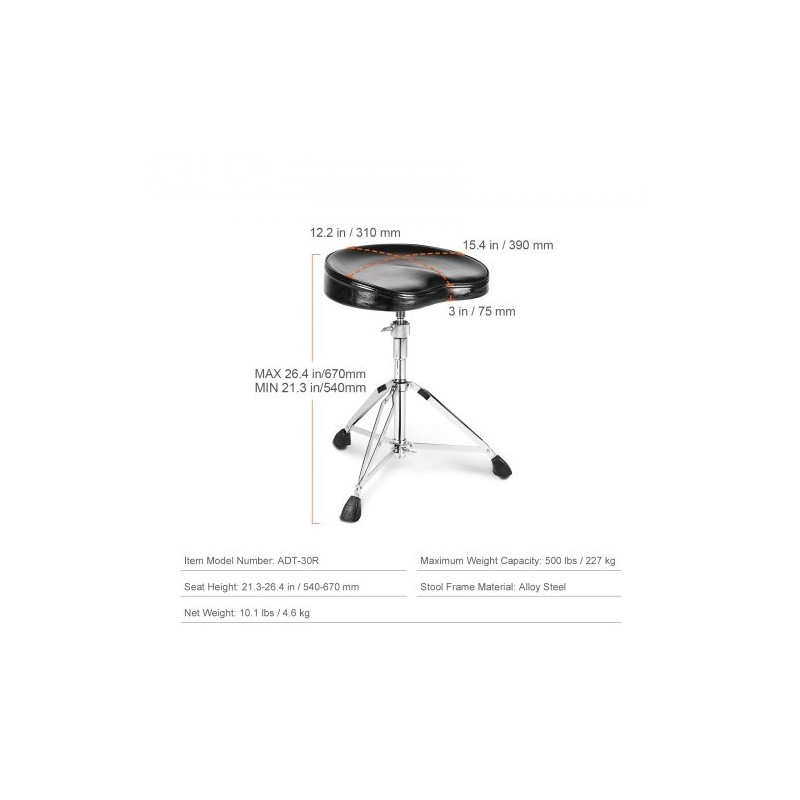 Rumpujakkara korkeussäädettävä 540–670 mm kolmijalkainen teräsrunko PU-päällinen muistivaahto 227 kg kantavuus