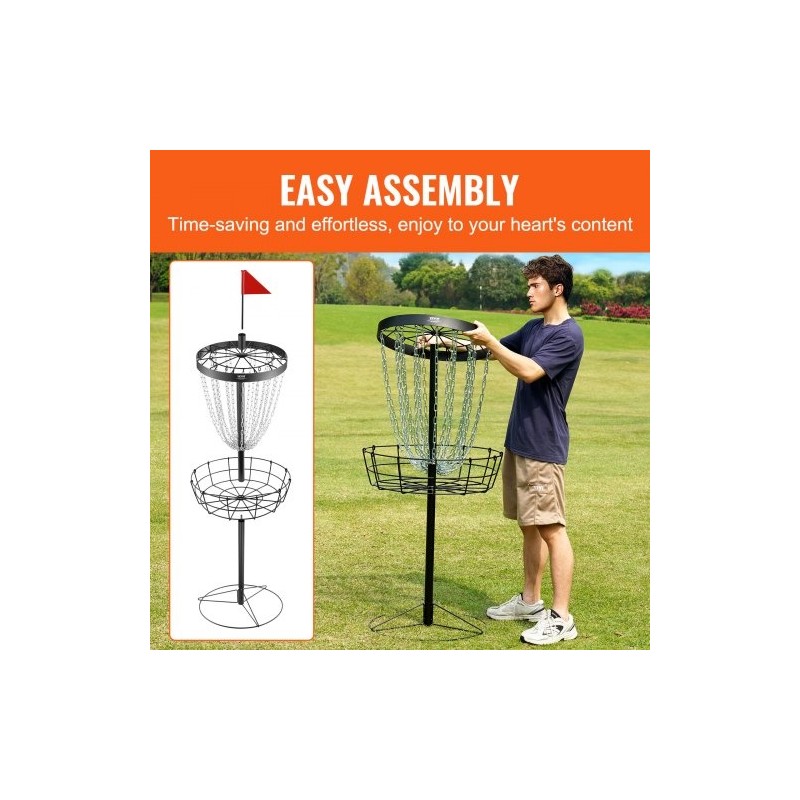 Frisbeegolf-kori teräsrunko 24 ketjua kantettava musta sisä ja ulkokäyttö mukana 6 kiekkoa