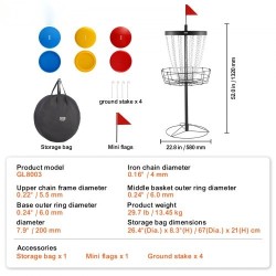 Frisbeegolf-kori teräsrunko 24 ketjua kantettava musta sisä ja ulkokäyttö mukana 6 kiekkoa