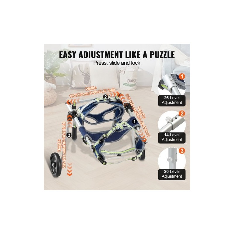 Koiran pyörätuoli ilmailuluokan alumiinirunko säädettävä pieni takajaloille