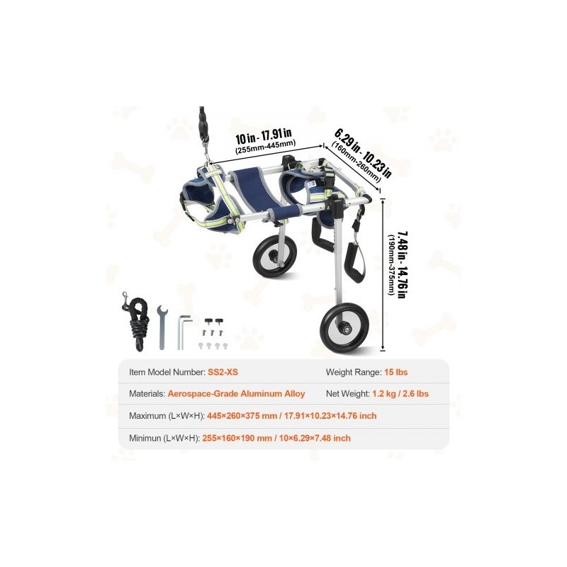 Koiran pyörätuoli takajaloille ilmailuluokan alumiiniseos säädettävä XS iskunvaimentavilla pyörillä kevyt