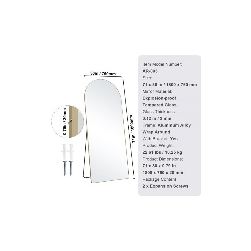 Täyspitkä kaareva lattiapeili räjähdyssuojatulla karkaistulla lasilla alumiinikehyksellä 180 x 76 cm