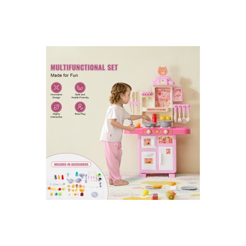 Leikkikeittiö PP-muovia 48 osaa pinkki äänet ja valot höyrytoiminto 3–5-vuotiaille