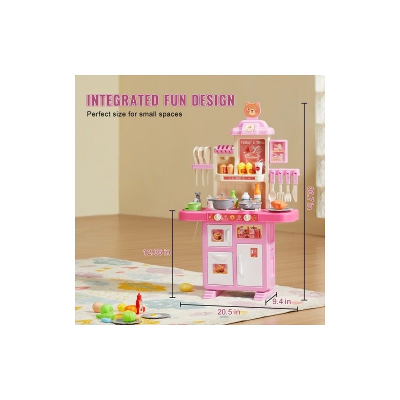 Leikkikeittiö PP-muovia 48 osaa pinkki äänet ja valot höyrytoiminto 3–5-vuotiaille