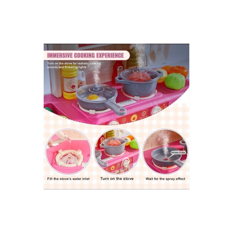 Leikkikeittiö PP-muovia 48 osaa pinkki äänet ja valot höyrytoiminto 3–5-vuotiaille