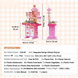 Leikkikeittiö PP-muovia 48 osaa pinkki äänet ja valot höyrytoiminto 3–5-vuotiaille