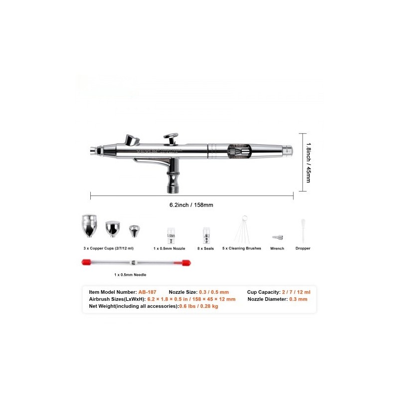 Kynäruisku kaksoistoiminen painovoimasyöttöinen 0,3/0,5 mm kuparikupit 2/7/12 ml elintarvikekäyttöön