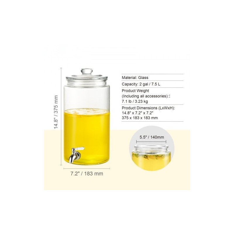 Lasinen juoma-annostelija 7,5 l ruostumaton teräshana puujalustalla lasikannella juhliin