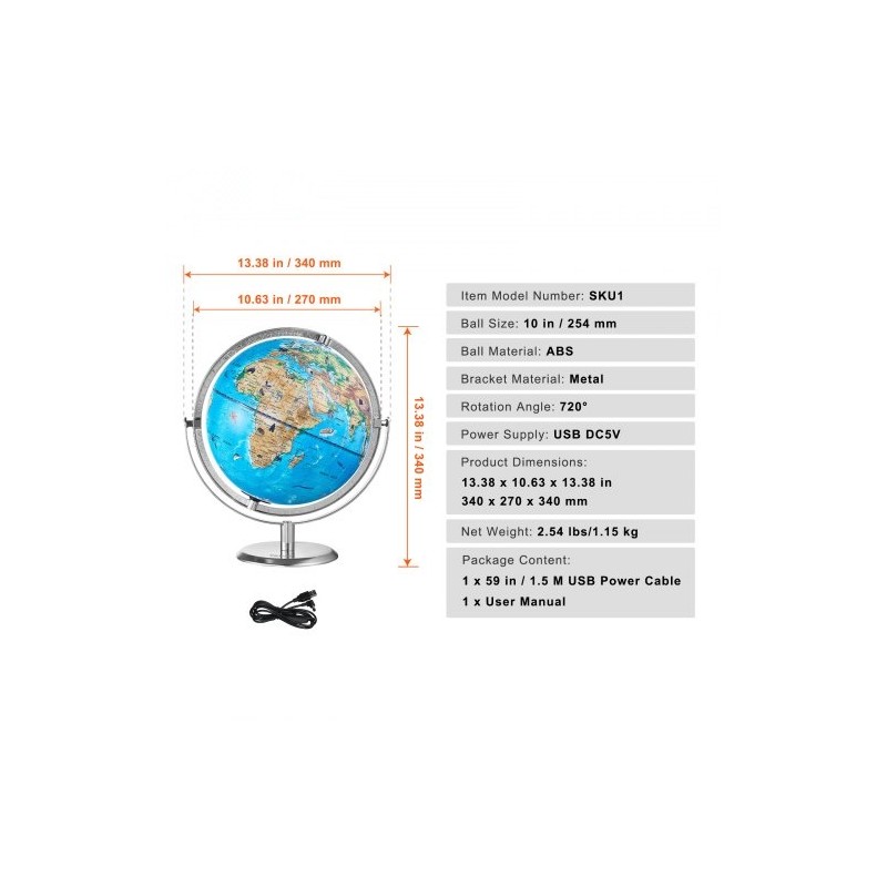 Maapallo ABS-muovi 254 mm lisätyn todellisuuden sovelluksella LED-yövalolla metallijalustalla 720°
