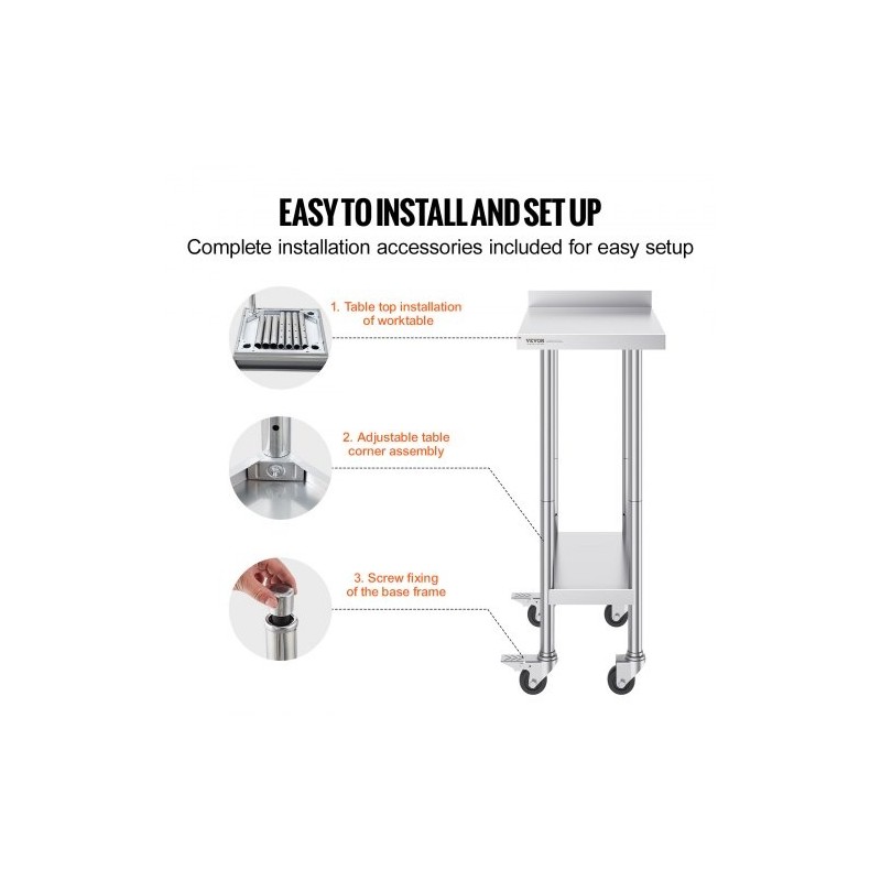 Ruostumaton terästyötaso 61 x 38 x 101 cm säädettävällä hyllyllä ja pyörillä