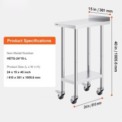 Ruostumaton terästyötaso 61 x 38 x 101 cm säädettävällä hyllyllä ja pyörillä