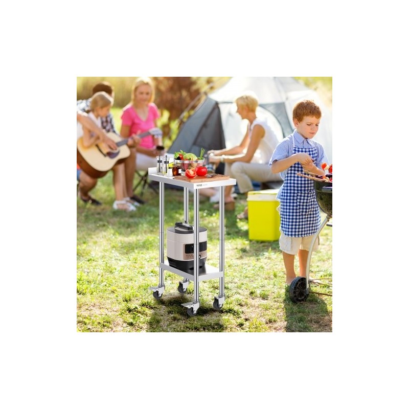 Ruostumaton terästyötaso 61 x 38 x 101 cm säädettävällä hyllyllä ja pyörillä