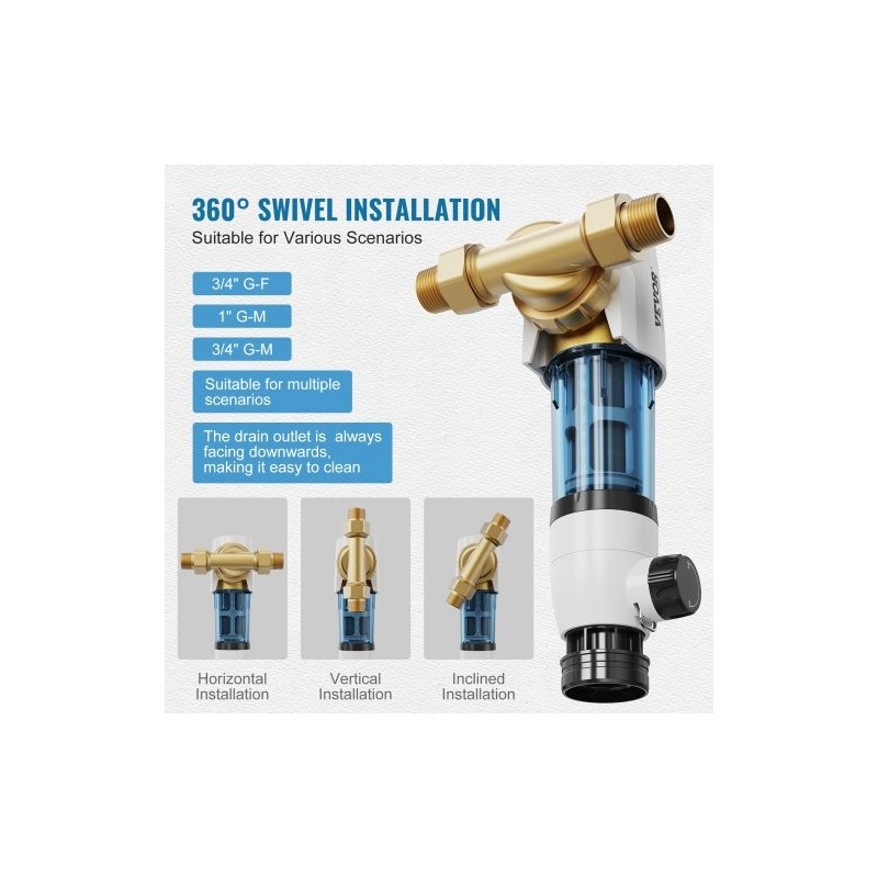 Sedimenttisuodatin 40 µm takahuuhdeltava koko talon kaivovedelle 316L ruostumaton teräs