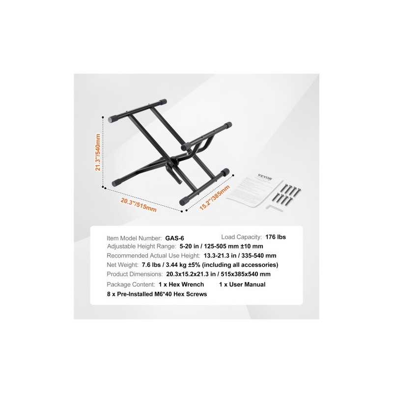 Kitaravahvistinteline teräsrakenteinen 79,83 kg kantokyky säädettävä 125–505 mm taittuva kumijalat