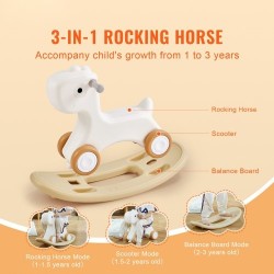 3-in-1-keinuhevonen HDPE-muovi 1–3-vuotiaille kantavuus 36 kg valkoinen yksisarvinen nelipyöräinen