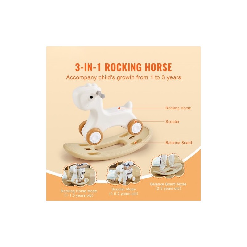 3-in-1-keinuhevonen HDPE-muovi 1–3-vuotiaille kantavuus 36 kg valkoinen yksisarvinen nelipyöräinen