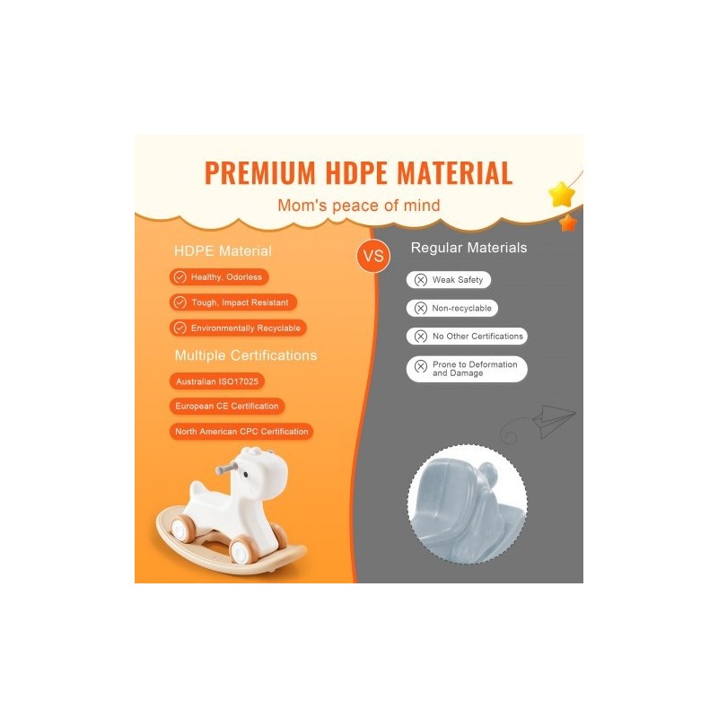3-in-1-keinuhevonen HDPE-muovi 1–3-vuotiaille kantavuus 36 kg valkoinen yksisarvinen nelipyöräinen