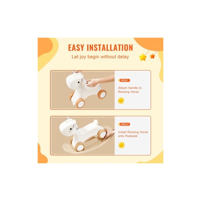 3-in-1-keinuhevonen HDPE-muovi 1–3-vuotiaille kantavuus 36 kg valkoinen yksisarvinen nelipyöräinen