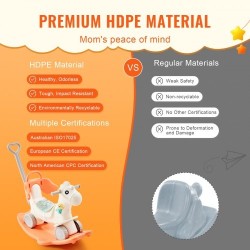 Keinuhevonen nelitoiminen HDPE-muovista 1–3-vuotiaille kantavuus 36 kg turvavyöllä