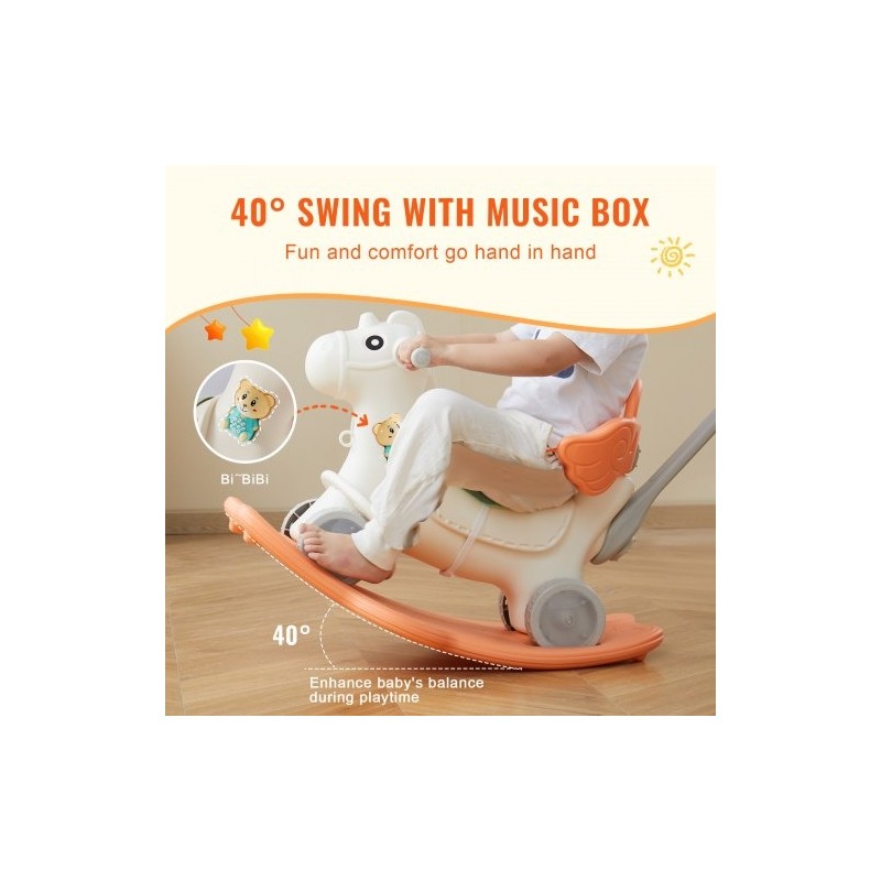 Keinuhevonen nelitoiminen HDPE-muovista 1–3-vuotiaille kantavuus 36 kg turvavyöllä