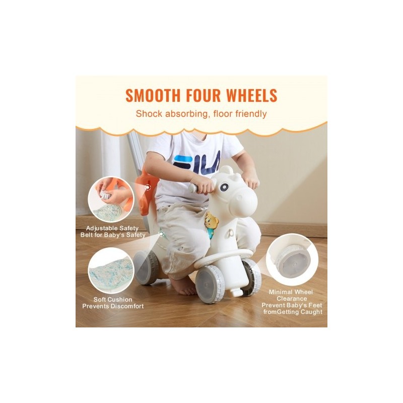 Keinuhevonen nelitoiminen HDPE-muovista 1–3-vuotiaille kantavuus 36 kg turvavyöllä