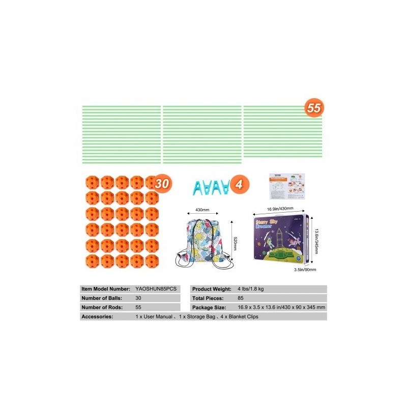 Rakennussarja 85 osaa lapsille pimeässä hohtavat 55 sauvaa 30 palloa