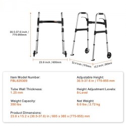 Taittuva alumiininen kävelyteline korkeussäädöllä 775–955 mm 5-tuumaisten etupyörien kantavuus 350 paunaa