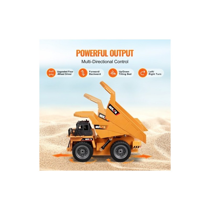 Kauko-ohjattava kippiauto mittakaava 1:18 9-kanavainen metallinen ohjaamo muovinen lava 2 ladattavaa akkua