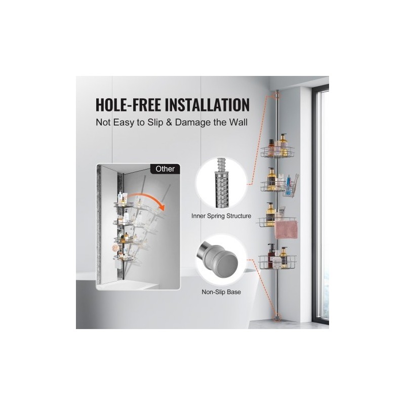 Suihkun kulmahylly ruostumatonta terästä säädettävällä jousitangolla nelitasoinen 56–114 tuumaa kantavuus 5,4 kilogrammaa