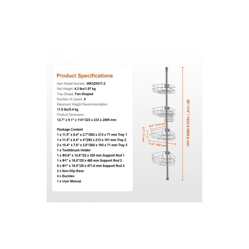Suihkun kulmahylly ruostumatonta terästä säädettävällä jousitangolla nelitasoinen 56–114 tuumaa kantavuus 5,4 kilogrammaa