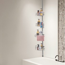 Suihkun kulmahylly ruostumatonta terästä säädettävällä jousitangolla nelitasoinen 56–114 tuumaa kantavuus 5,4 kilogrammaa