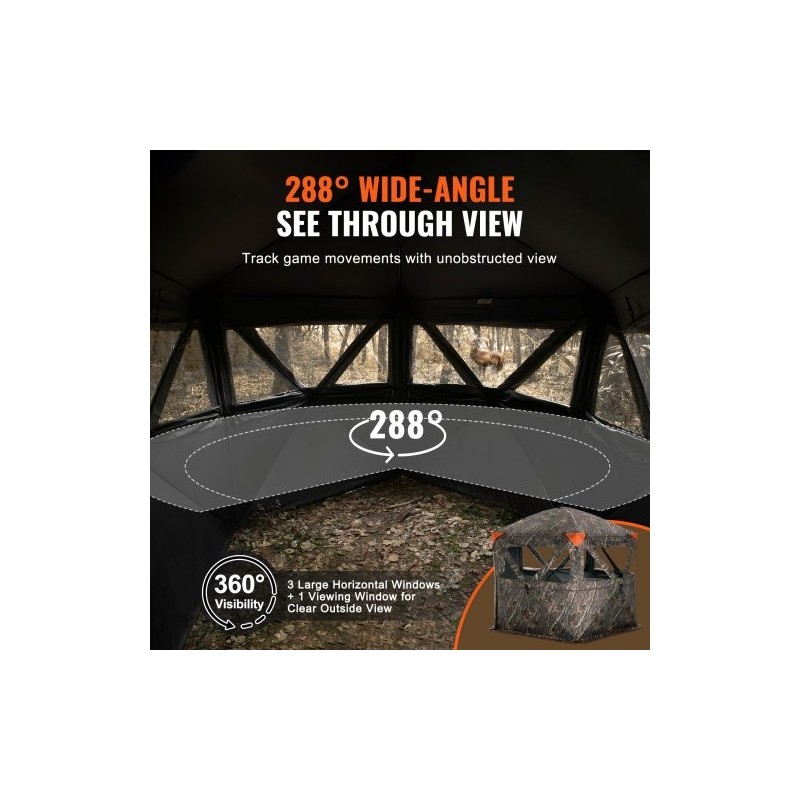 Maastokuvioitu metsästyskatos 150D kangas 6–7 hengelle 288 asteen näkyvyys 4 vaakasuuntaista ikkunaa