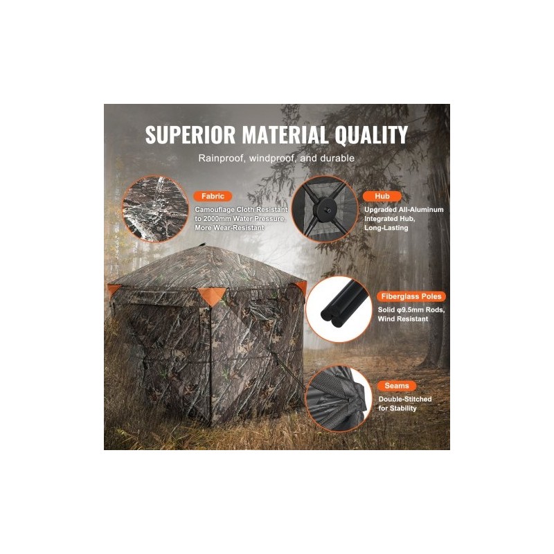 Maastokuvioitu metsästyskatos 150D kangas 6–7 hengelle 288 asteen näkyvyys 4 vaakasuuntaista ikkunaa