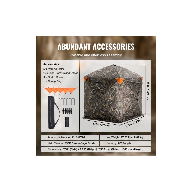 Maastokuvioitu metsästyskatos 150D kangas 6–7 hengelle 288 asteen näkyvyys 4 vaakasuuntaista ikkunaa