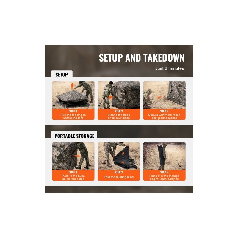 Maastokuvioitu metsästyskatos 150D kangas 6–7 hengelle 288 asteen näkyvyys 4 vaakasuuntaista ikkunaa