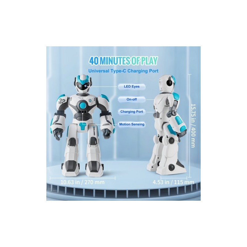 Radiolla ohjattava robotti ohjelmoitava eleohjauksella ja ääniohjauksella laulava 6–12-vuotiaille