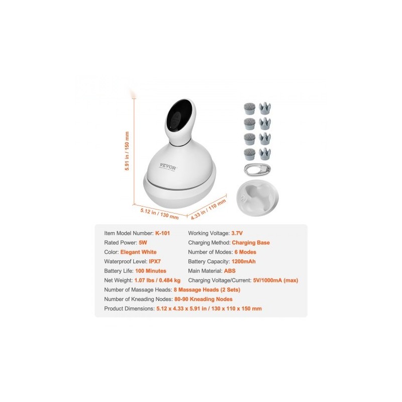 Sähköinen päänahan hierontalaite ladattava IPX7-vesitiivis 8 irrotettavaa hierontapäätä 6 tilaa