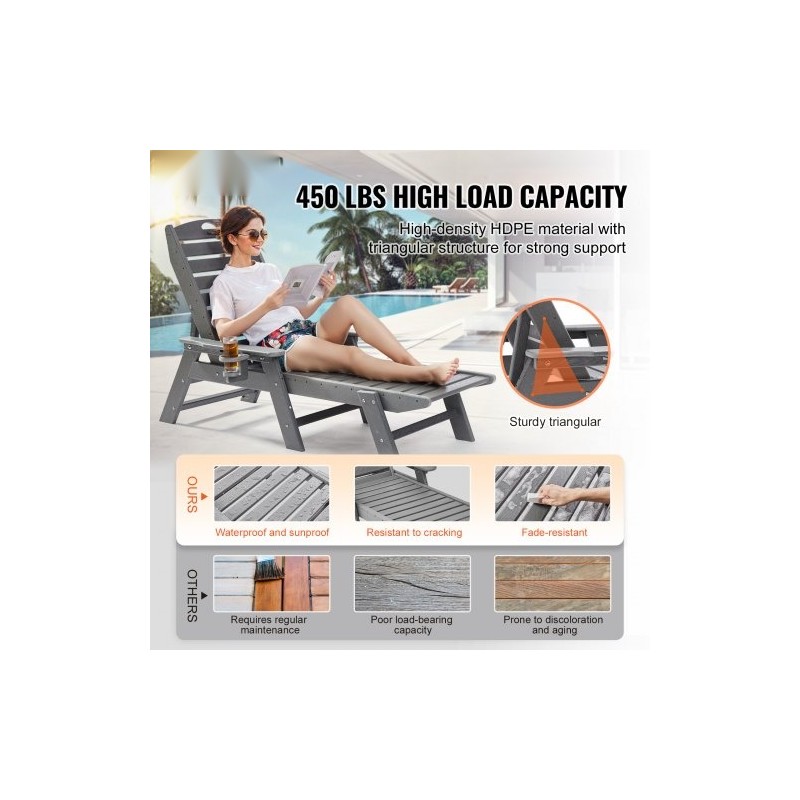 HDPE-lepotuoli ulkokäyttöön 185 cm 6 säädettävää asentoa noin 204 kg kantavuus harmaa
