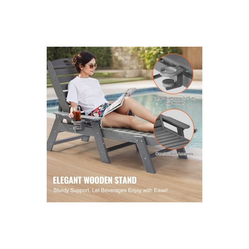 HDPE-lepotuoli ulkokäyttöön 185 cm 6 säädettävää asentoa noin 204 kg kantavuus harmaa