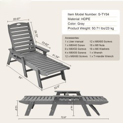 HDPE-lepotuoli ulkokäyttöön 185 cm 6 säädettävää asentoa noin 204 kg kantavuus harmaa