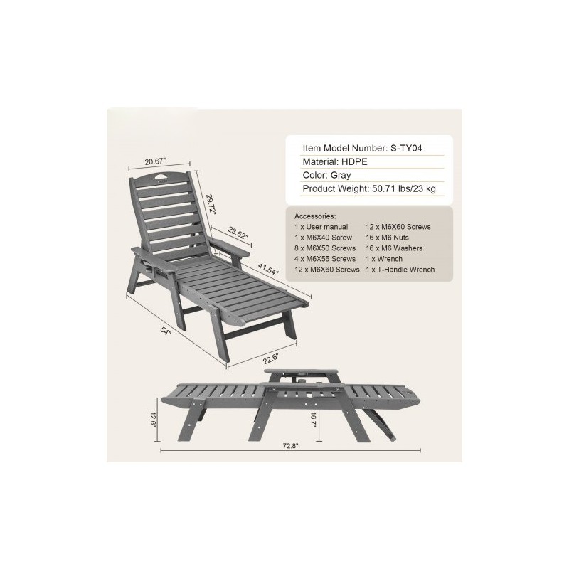HDPE-lepotuoli ulkokäyttöön 185 cm 6 säädettävää asentoa noin 204 kg kantavuus harmaa