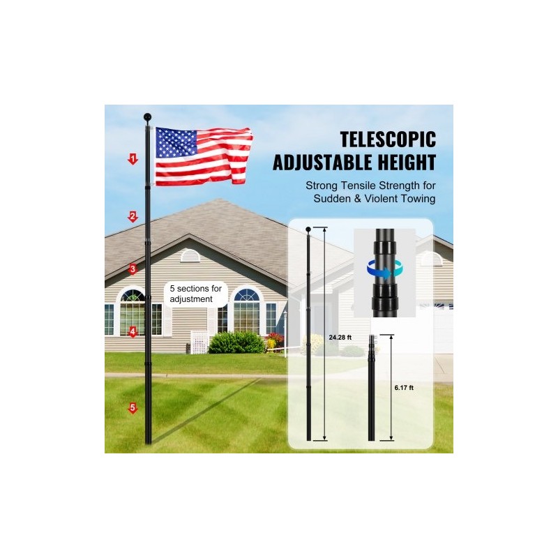 Teleskooppinen alumiiniseoslippusarja 7,3 m musta kierre-lukitus maahan asennettava