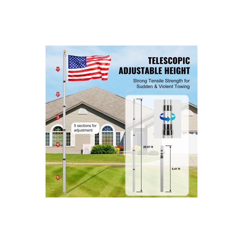 Lippusalkosarja alumiiniseoksinen 6,09 metriä teleskooppinen maahan asennettava hopea kierrettävä lukitus