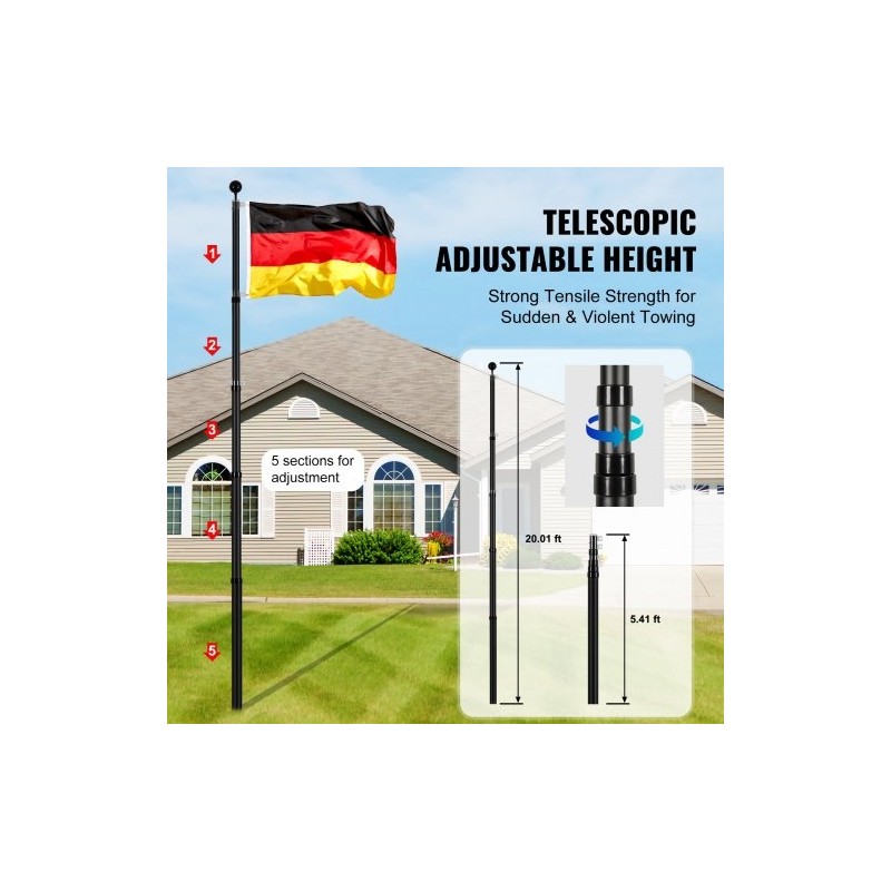 Teleskooppinen alumiiniseoslippusalko 6,09 m ulkokäyttöön musta Saksan lippu mukana