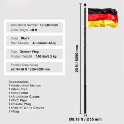 Teleskooppinen alumiiniseoslippusalko 6,09 m ulkokäyttöön musta Saksan lippu mukana