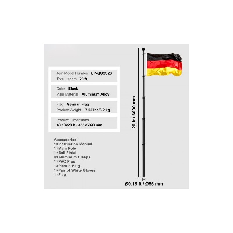 Teleskooppinen alumiiniseoslippusalko 6,09 m ulkokäyttöön musta Saksan lippu mukana