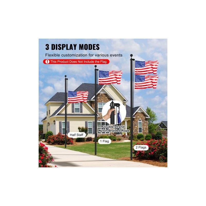 Alumiininen irrotettava 9,14 metrin musta lipputankosarja taljajärjestelmällä ulkokäyttöön