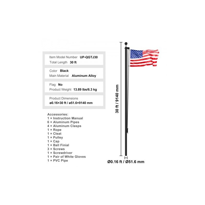 Alumiininen irrotettava 9,14 metrin musta lipputankosarja taljajärjestelmällä ulkokäyttöön