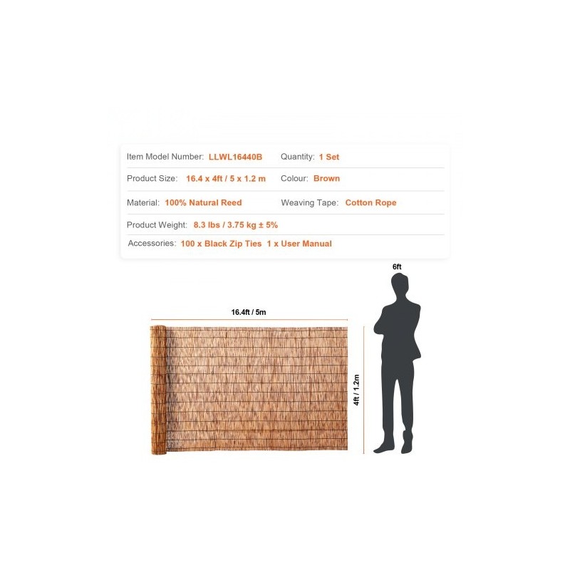 Ruokoaita 100 % luonnollinen ruoko 5 x 1,2 m ruskea parveke